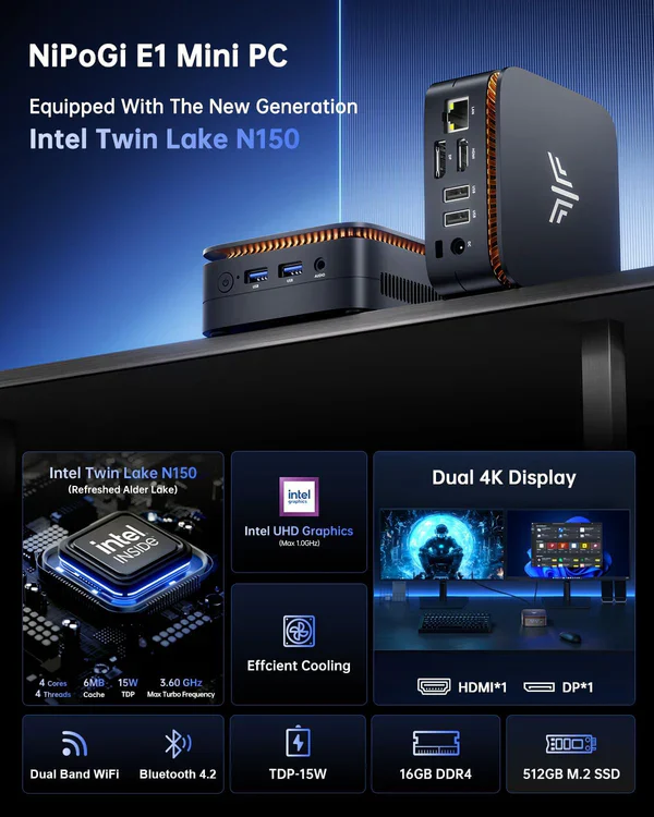 NiPoGi E1 Intel Twin Lake N150 16GB RAM 512GB SSD Win11 Pro - Image 3