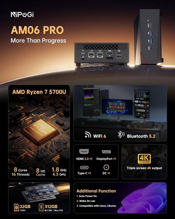 NiPoGi Pinova Pro AMD Ryzen 7 5700U Mini PC 32GB DDR4 512GB SSD - Image 3