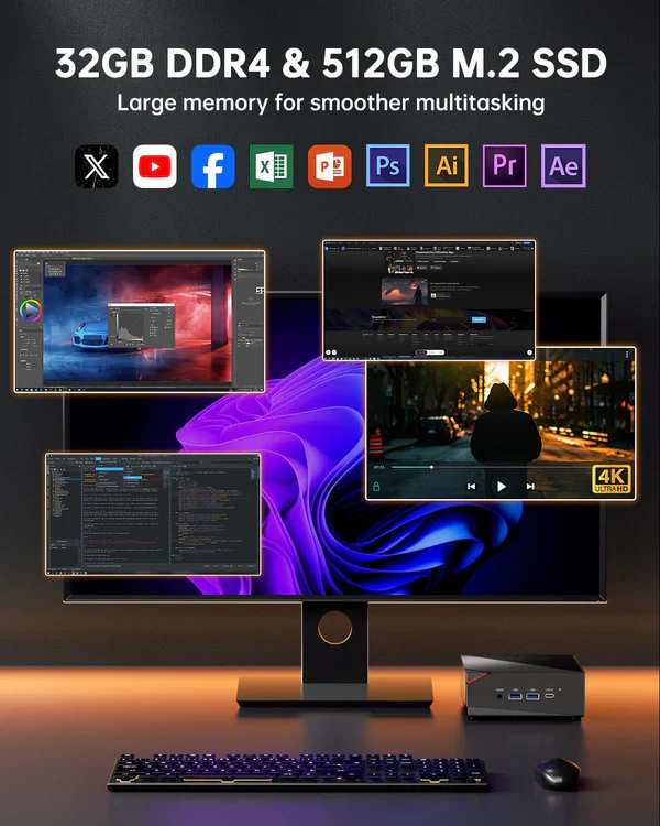 NiPoGi Pinova Pro AMD Ryzen 7 5700U Mini PC 32GB DDR4 512GB SSD - Image 4
